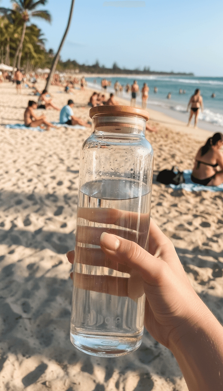 Person holding branded bottle at beach