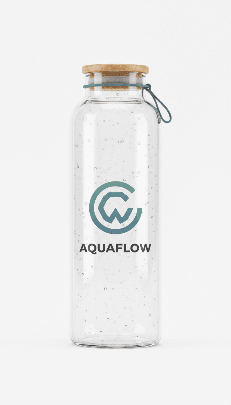 Branded glass water bottle with logo design