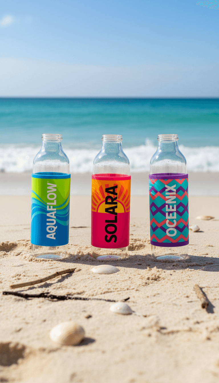 Branded glass water bottles distributed at high-traffic beach location