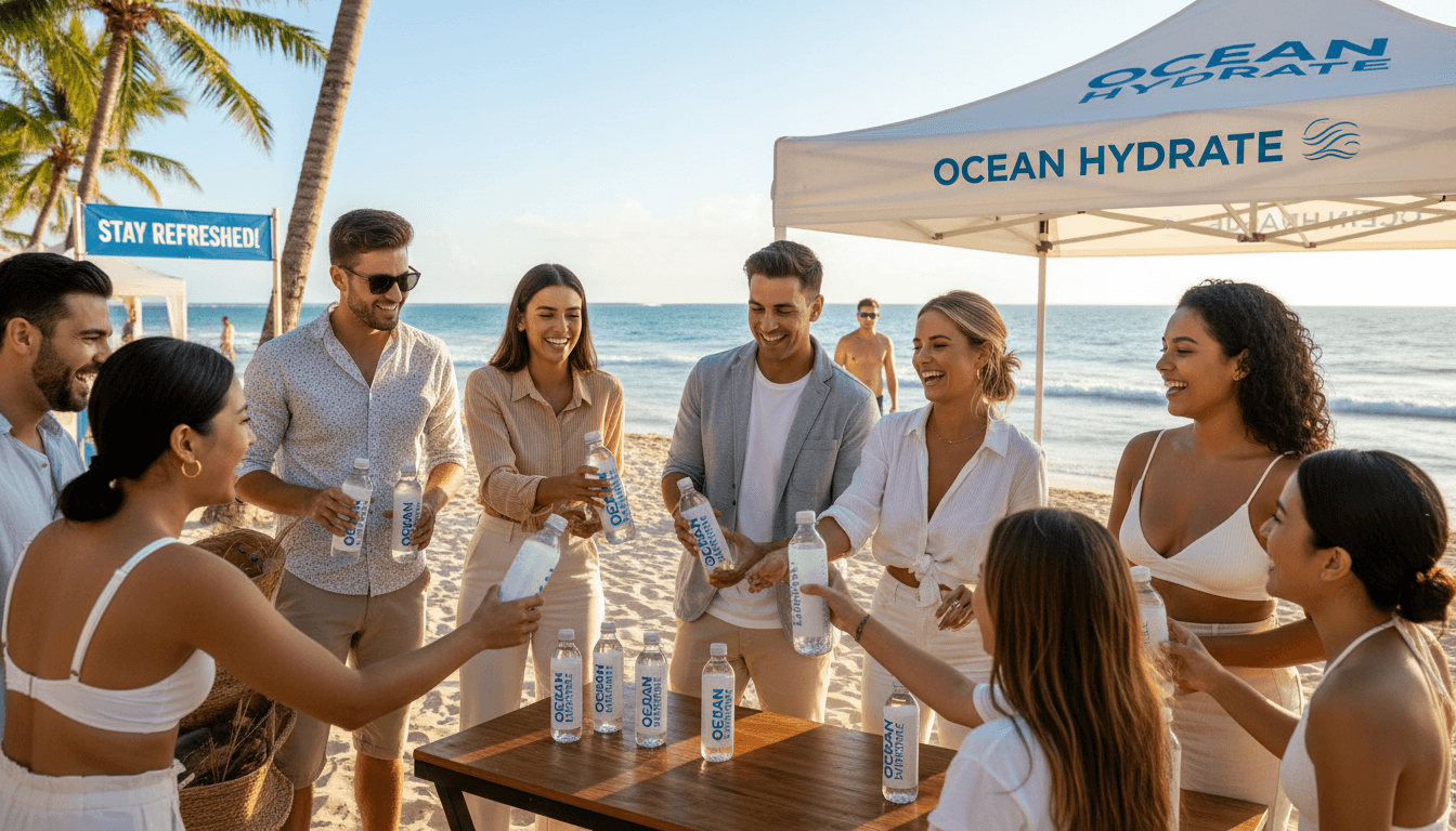 People enjoying branded water bottles at a vibrant outdoor event