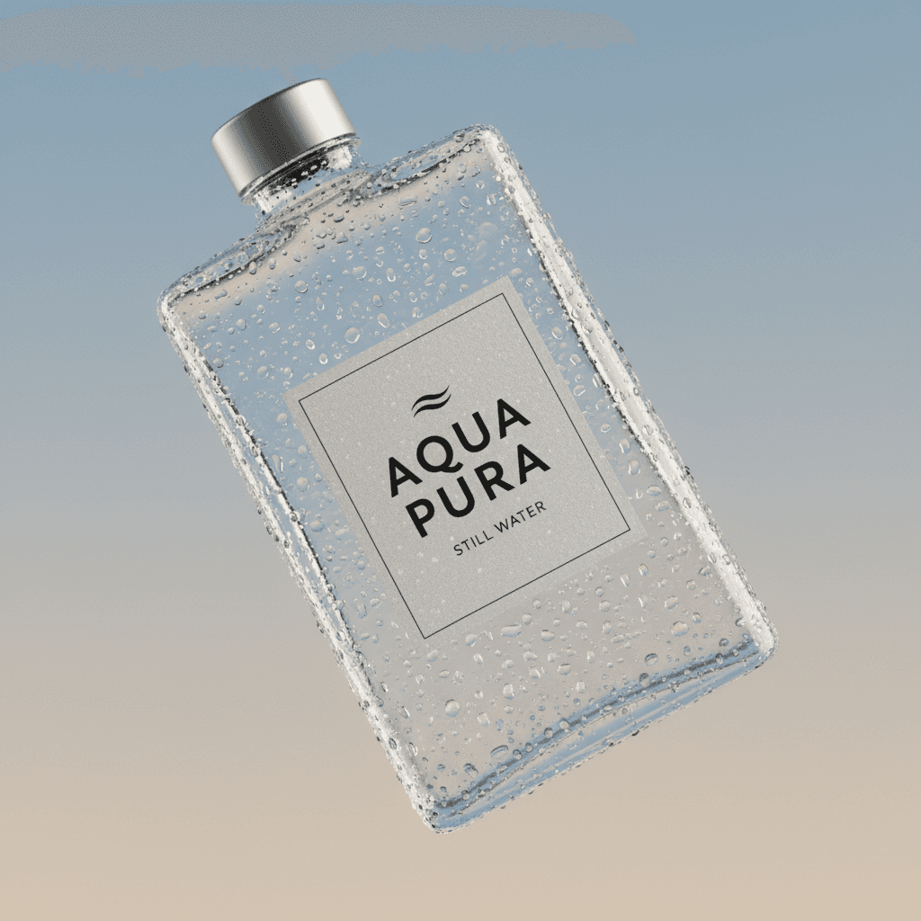 Branded glass water bottle on beach with ocean view