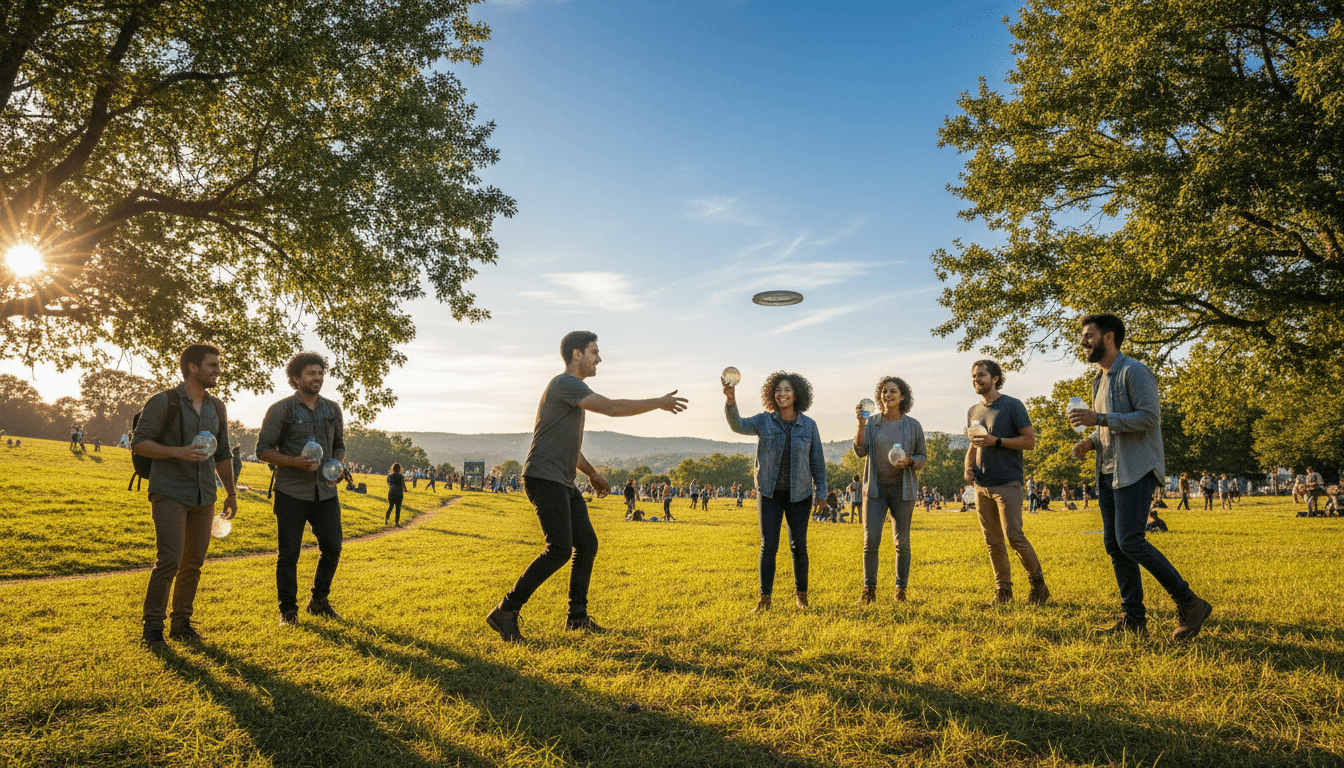 People using branded glass water bottles at a beach or university event